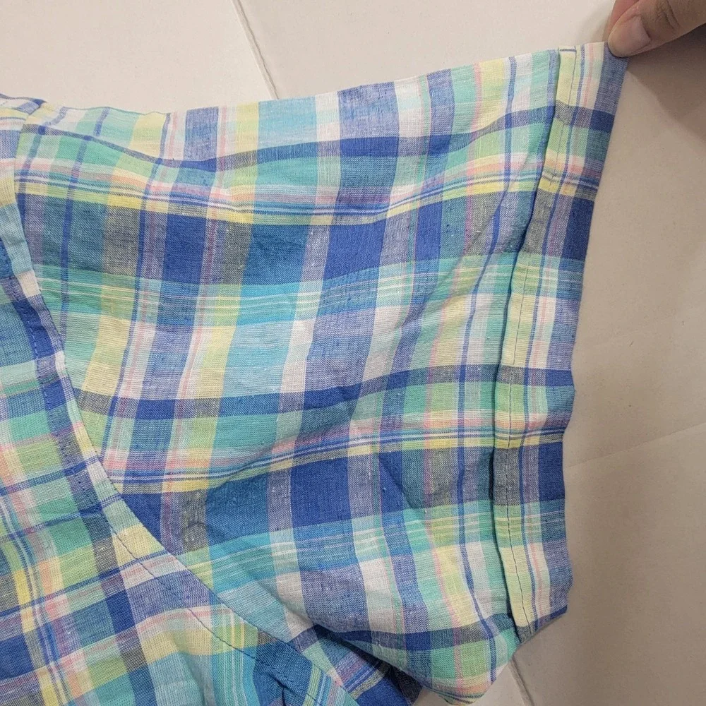 NEW Izod Mens 4XB Madras Woven Florida Key S/S Button Down Multi Plaid Linen Ble